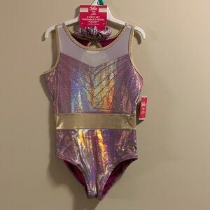 Justice NEW 12-14 1Shiny Pink Gold Bodysuit dance gym gymnastics with scrunchie